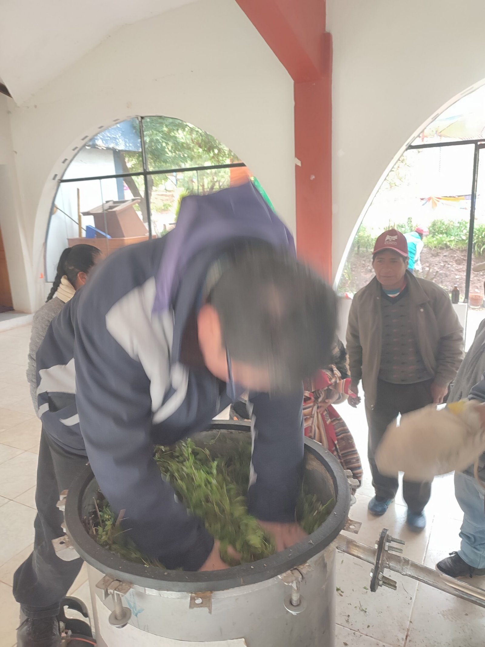 Carga del destilador para obtener aceites esenciales en el taller de Urcos