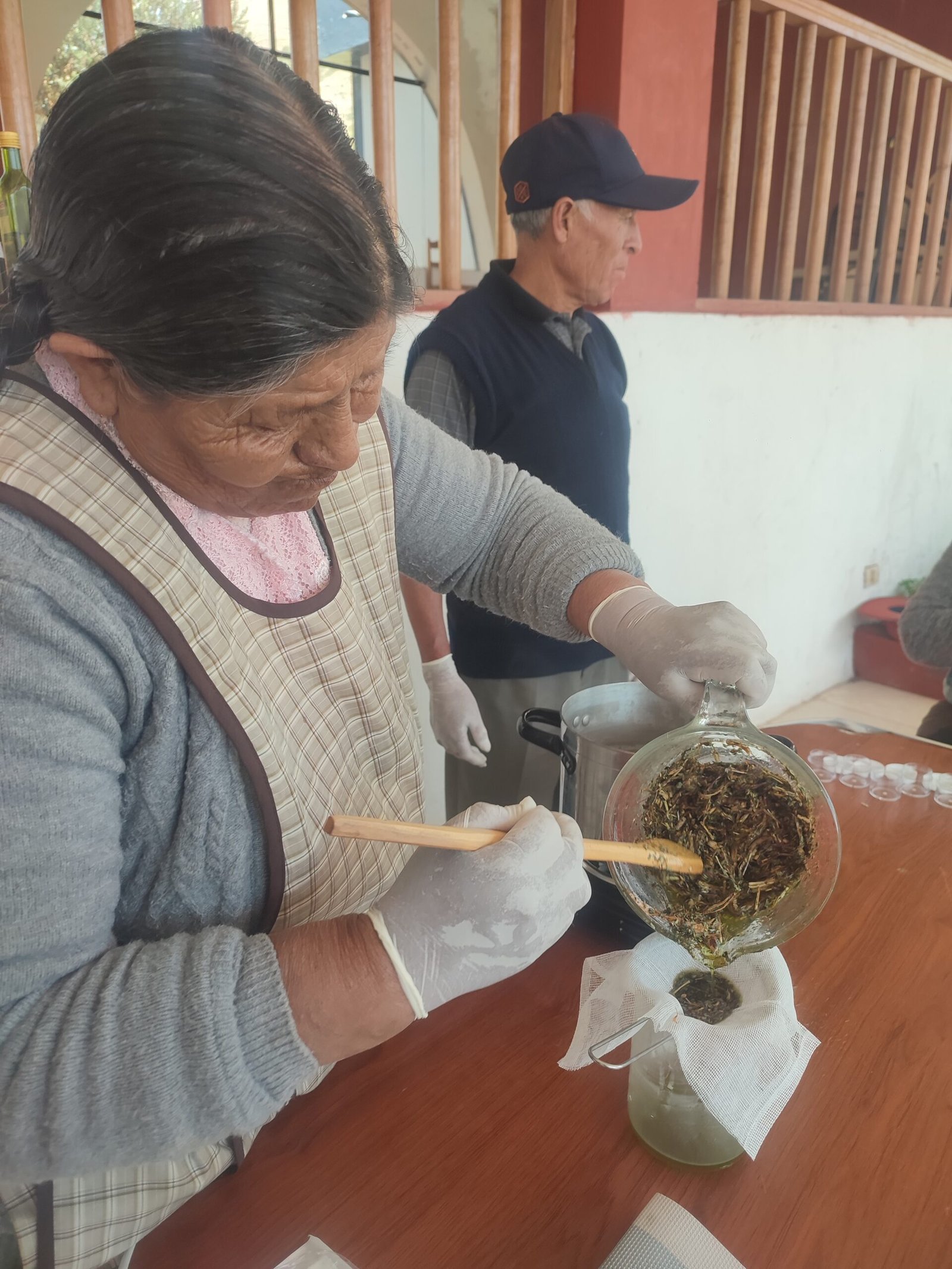 Elaboración de pomadas medicinales con guantes y filtrado de la preparación
